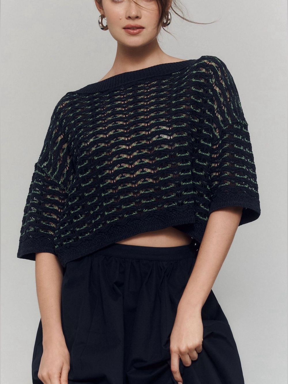 Maeve Open Weave Cropped Sweater Top in Navy with Green Accents